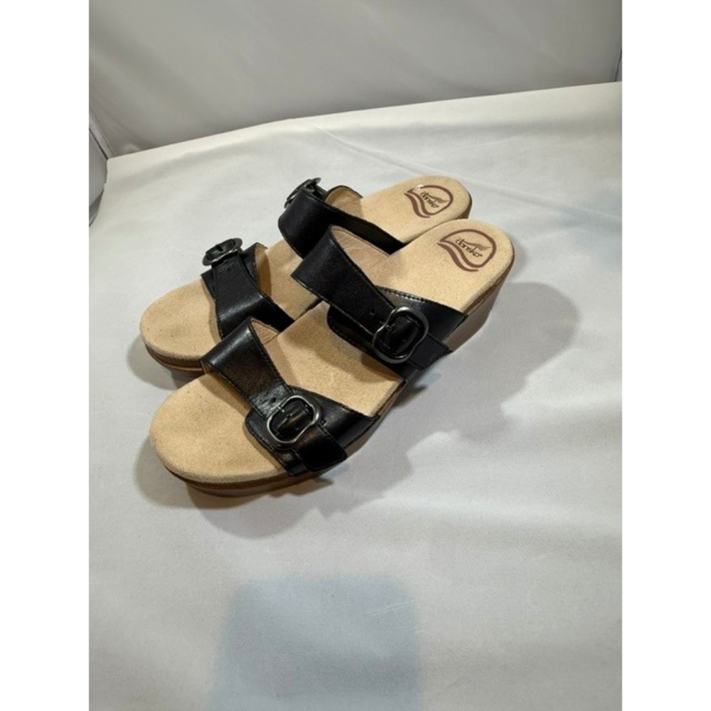 Dansko Black Leather Sophie Slip on Wedge Slide Sandals Adjustable Buckle 41 - Picture 3 of 13